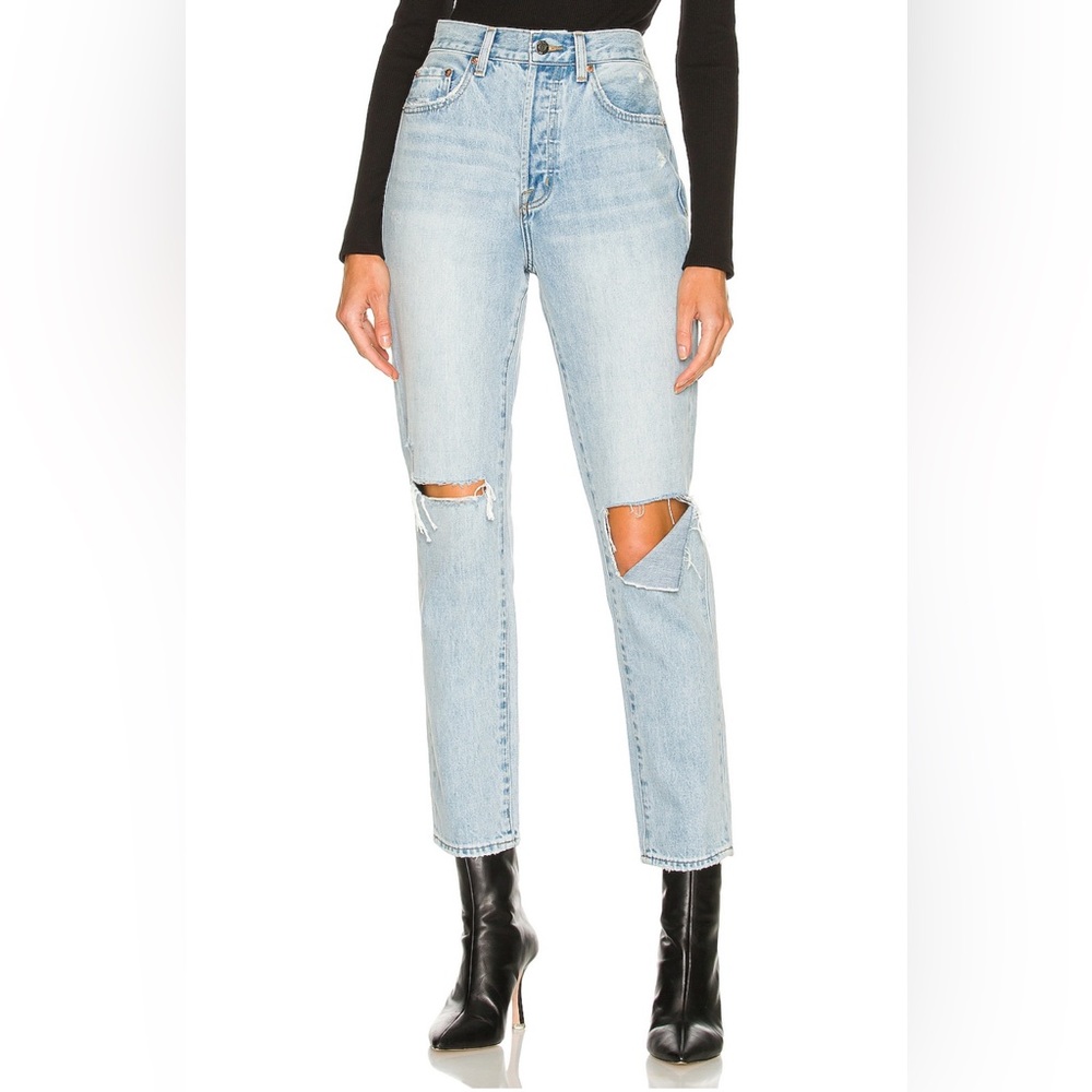 Keaton High Rise Slim Straight in Morning Sky Distressed